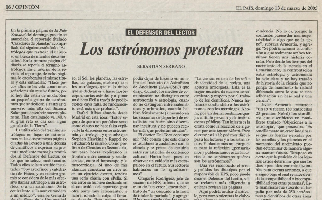 Artículo del Defensor del lector de 'El País' sobre la confusión de astrología y astronomía, en el diario, la publicidad y el suplemento 'EPS'.