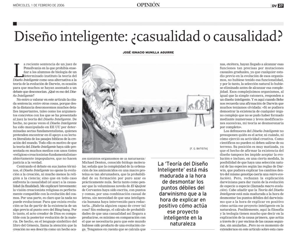 Artículo de José Ignacio Munilla, cura párroco de Zumarraga (Guipúzcoa), en defensa del 'diseño inteligente', publicado en 'El Diario Vasco'.