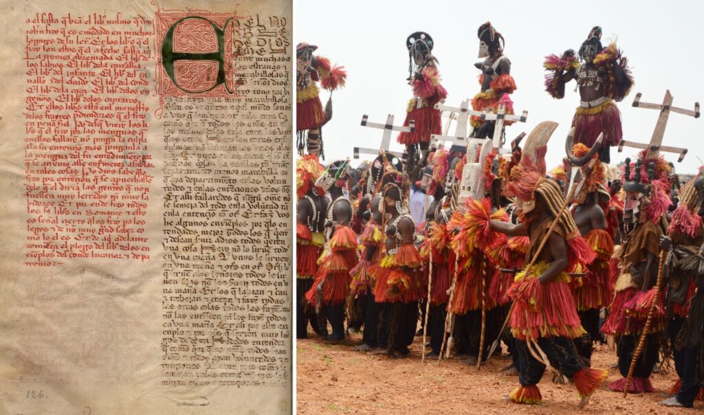 Comienzo de ‘El conde Lucanor’, obra escrita por Don Juan Manuel, y danza dogon en Mali. Imágenes: Biblioteca Nacional de España / Fasokan.
