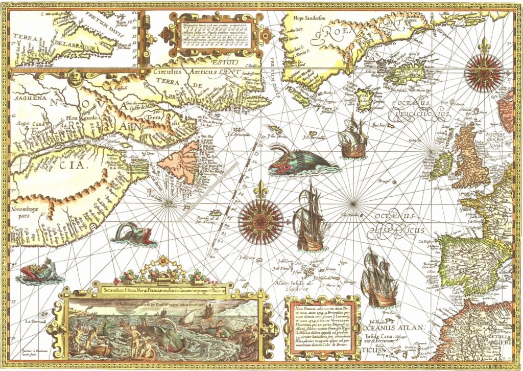 Monstruos marinos en el mapa titulado 'Nova Francia alio nomine dicta Terra Nova’, del cartógráfo Petrus Plancius (1552-1622). Imagen: Biblioteca Nacional de Quebec.