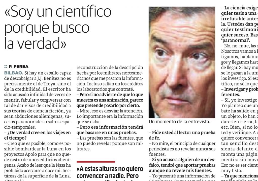 Apoyo de la entrevista a J. J. Benítez publicada en el diario 'El Correo' el 19 de noviembre de 2011.