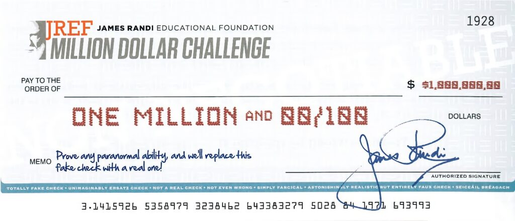 Cheque simbólico del premio de James Randi.