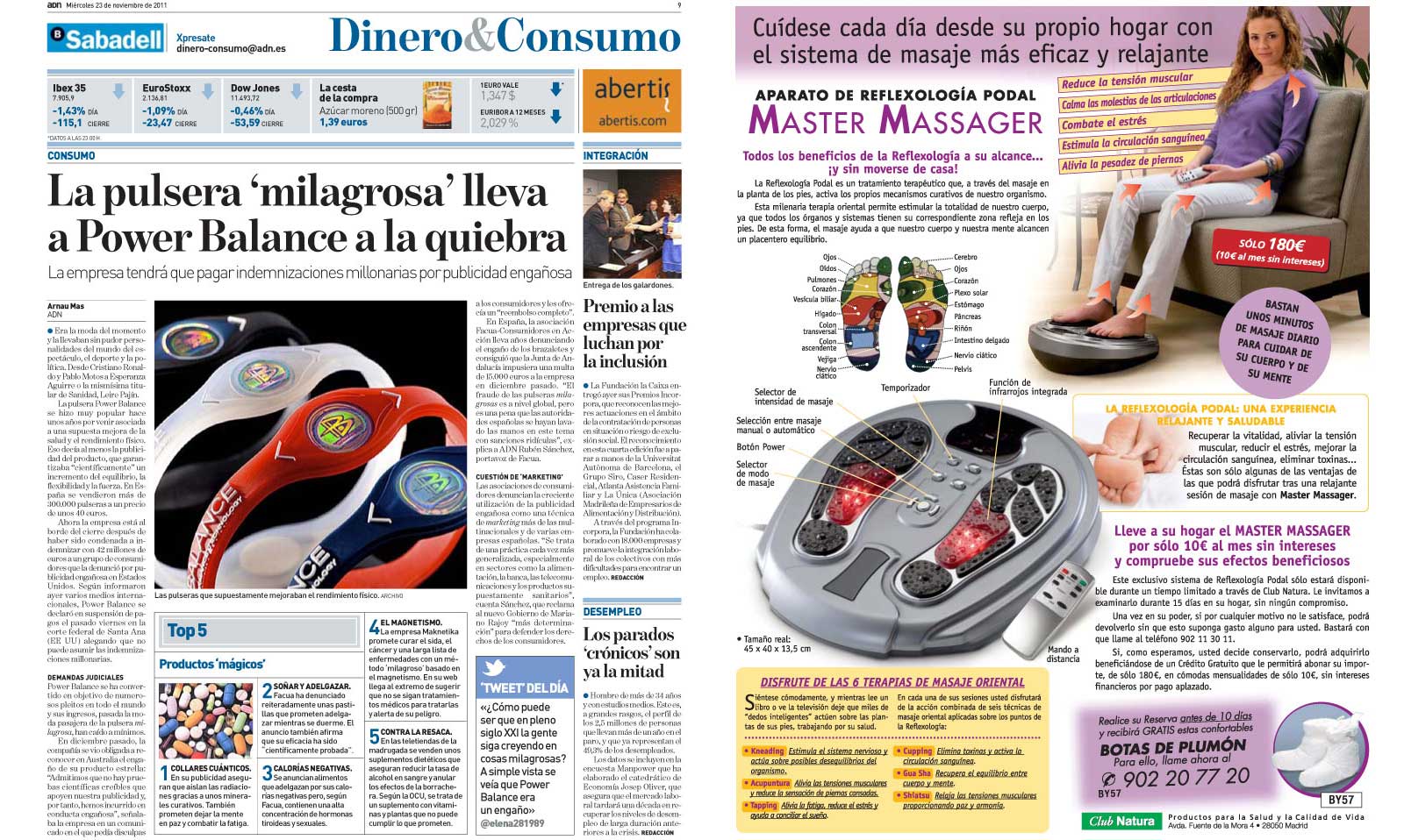 Información sobre la Power Balance en 'ADN' y publicidad de la contraportada del diario del mismo día.