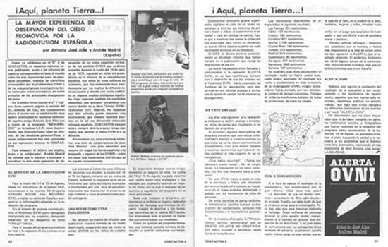 La revista 'Contactos Extraterrestres' dedicó en 1979 una doble página a la primera 'Alerta ovni', organizada por el periodista Antonio José Alés.