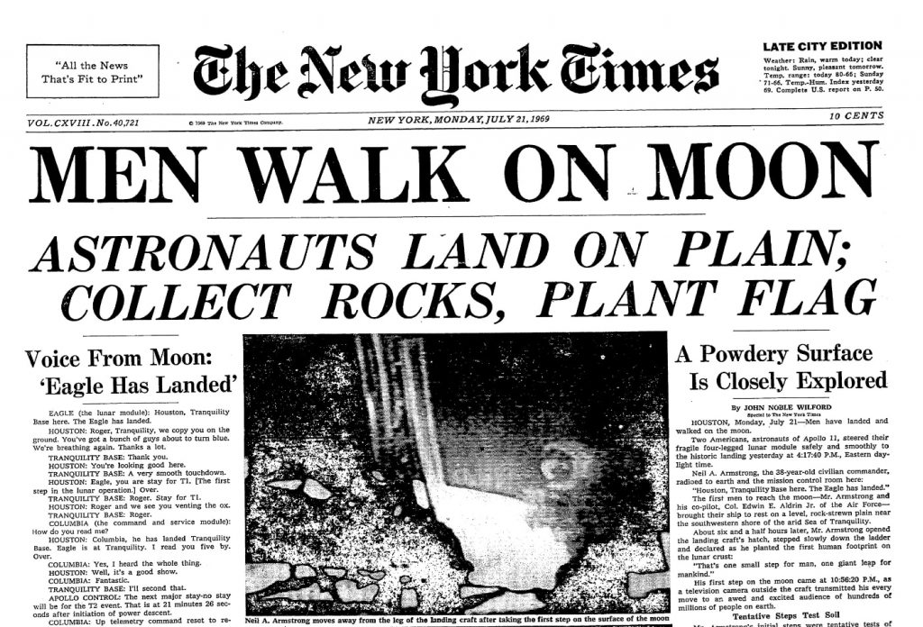 Portada de 'The New York Times' del 21 de julio de 1969.