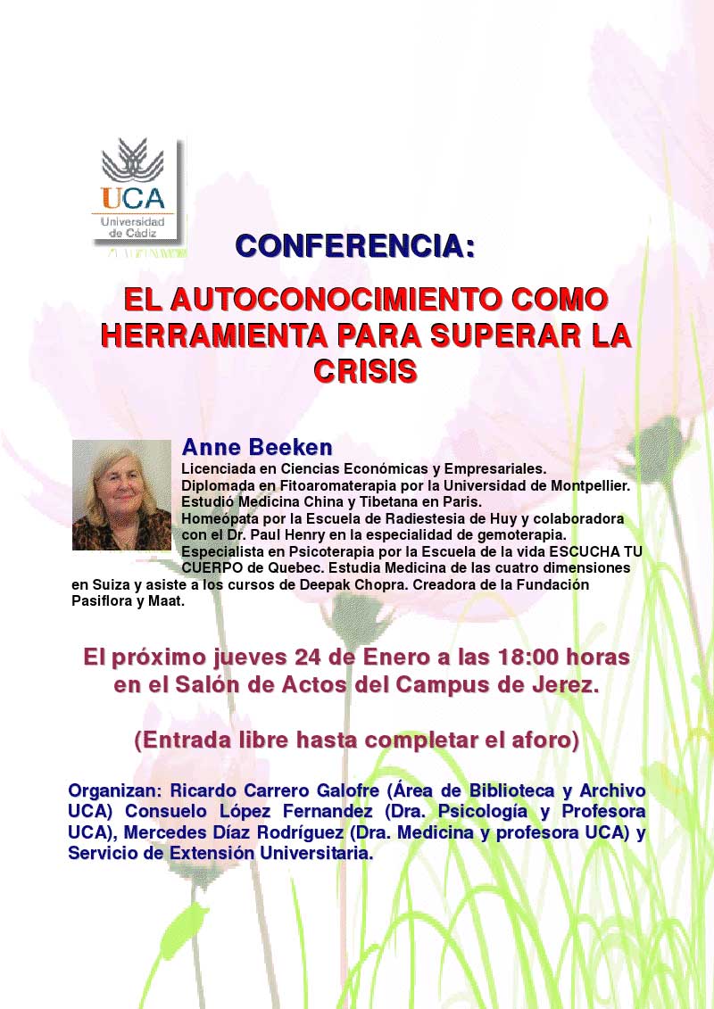 Cartel de la conferencia de Anne Beeken en el campus de Jerez de la Universidad de Cádiz.
