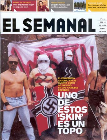 Portada del suplemento 'El Semanal', del 18 al 24 de mayo de 2003, en la que se ve a Manuel Carballal como Antonio Salas a la izquierda, tapados sus ojos por unas 'gafas de sol'.