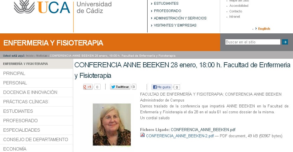 Anuncio de la charla de Anne Beeken en la Facultad de Farmacia y Fisioterapia, publicado en la web de la Universidad de Cádiz