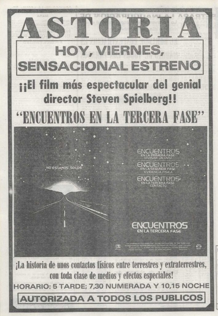 Anuncio del estreno de 'Encuentros en la tercera fase' publicado en 'El Correo' el 17 de marzo de 1978.