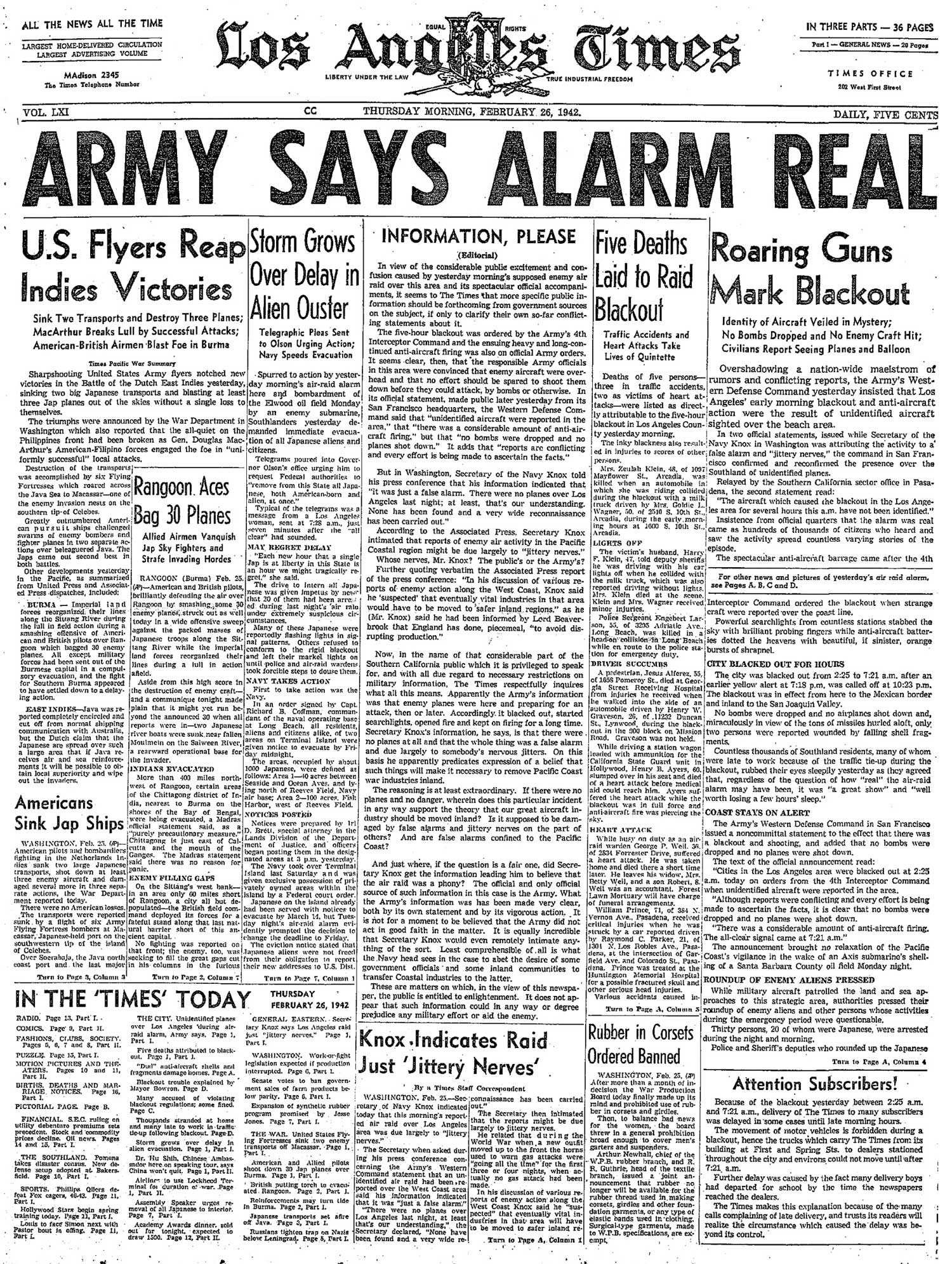 "El Ejército dice que la alarma fue real", titulaba a toda plana 'Los Angeles Times'.