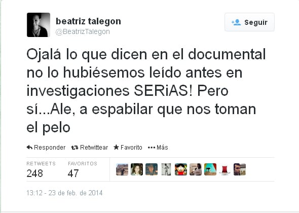 Tuit de Beatriz Talegón en el que la dirigente socialista da por bueno lo que cuenta 'Operación Palace'.