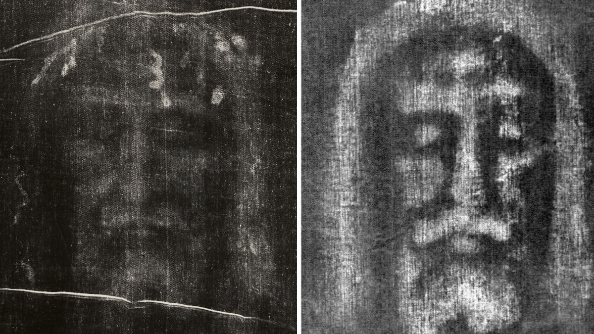Negativo del rostro del hombre de la sábana santa, a la izquierda, y de la imagen obtenida por Luigi Garlaschelli. Foto: Reuters y Luigi Garlaschelli.