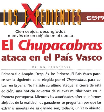 Reportaje de Bruno Cardeñosa en la revista 'Año cero' en 1996, en el que atribuye las muertes de ovejas en Vizcaya a ataques del chupacabras.