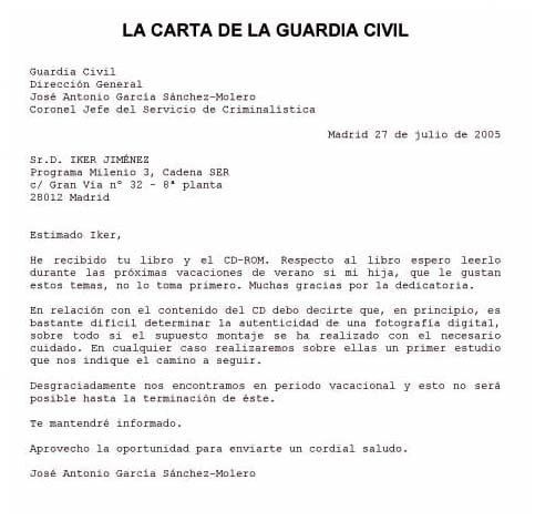 "Texto de la carta de la Guardia Civil que Jiménez presentó en Cuatro como prueba de un análisis que, en realidad, no existió.