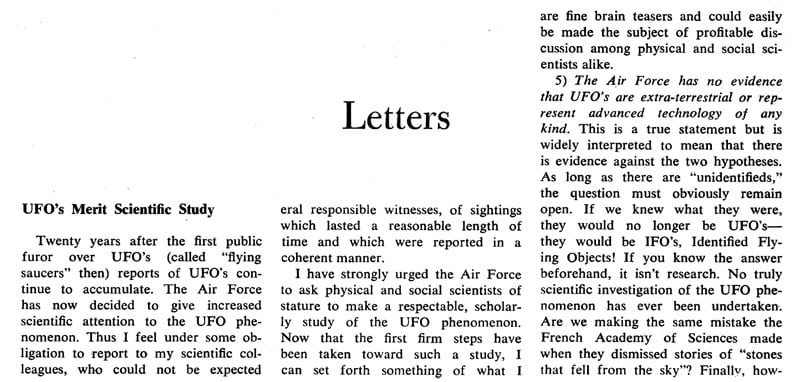 Carta de Joseph Allen Hynek a la revista 'Science'. Foto: 'Science'.