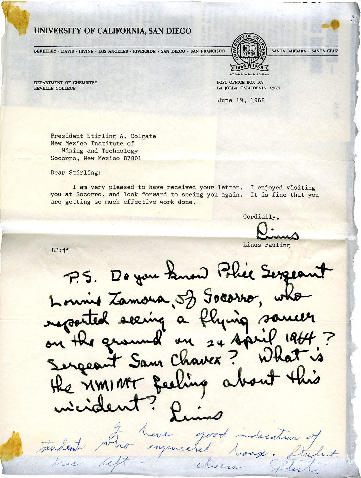 La carta descubierta entre la correspondencia del premio Nobel Linus Pauling sobre el caso ovni de Socorro.