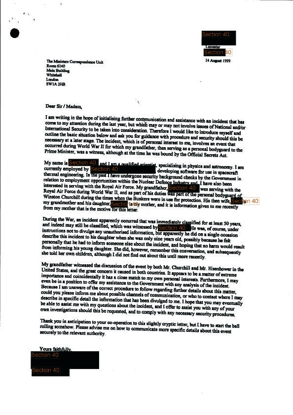 Una de las cartas sobre ovnis enviadas al Ministerio de Defensa británico.