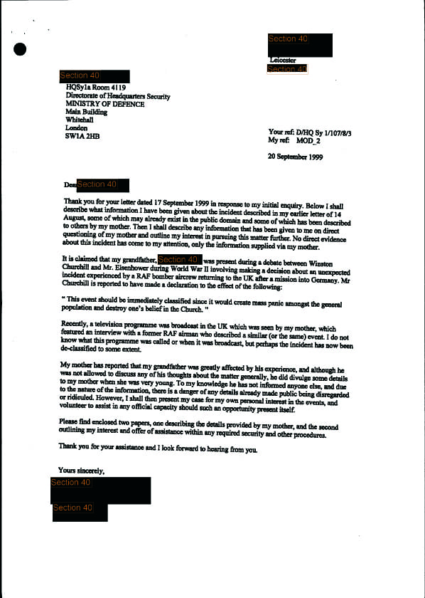 Una de las cartas sobre ovnis enviadas al Ministerio de Defensa británico.