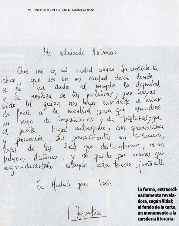 Carta de Rodríguez Zapatero al poeta Antonio Gamoneda.