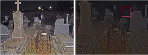 La foto original del cementerio sin fantasmas y la foto recortada, oscurecida y con los fantasmas pegados. Recuadrado en rojo, el lugar donde 'están' las fantasmas.