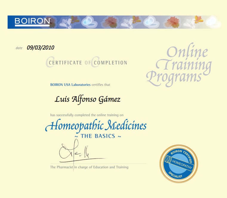 Uno de mis títulos en homeopatía, certificados por Laboratorios Boiron.