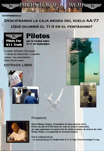 Cartel de la charla de Mitoa Edjang Campos en Logroño, en la que defenderá que el atentado contra el Pentágono fue un autoataque de EE UU.