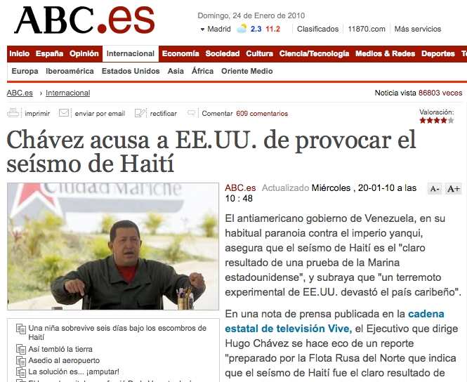 Noticia según la cual Hugo Chávez acusó a Estados Unidos de provocar el terremoto de Haití.