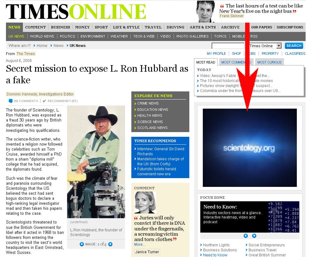 La Iglesia de la Cienciología se anuncia en la página de la edición digital de 'The Times' que denuncia desde el jueves que L. Ron Hubbard era un fraude.