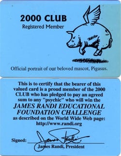 Tarjeta del Club 2000, creado por James Randi.