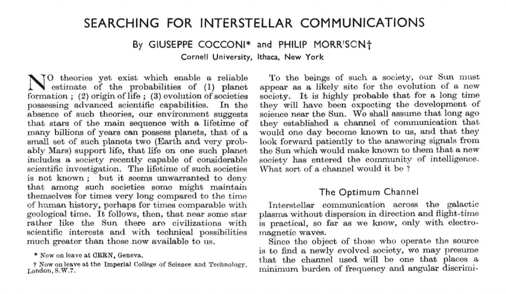 Inicio del artículo publicado por Giuseppe Cocconi y Philip Morrison en la revista 'Nature' en 1959.