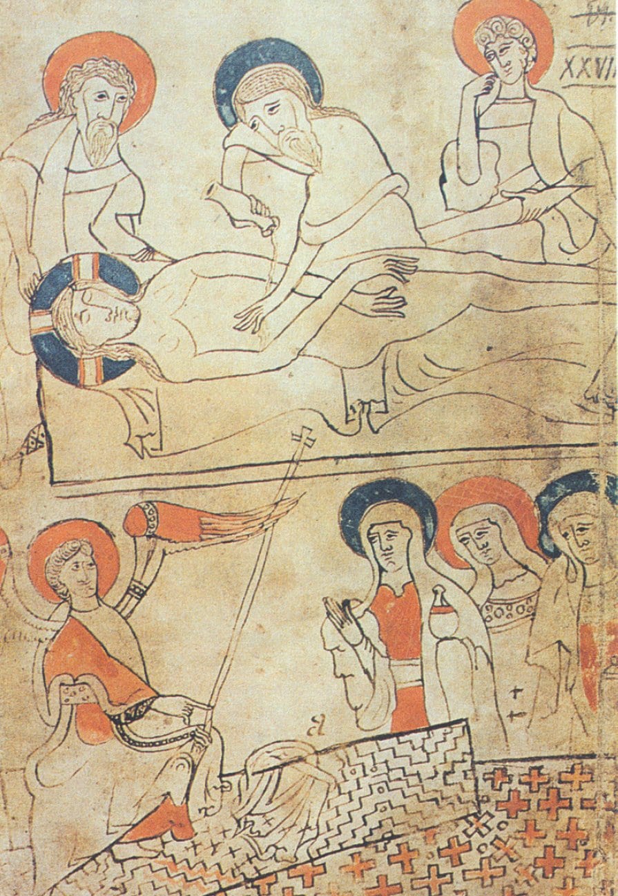 Miniatura del 'Códice Pray' en la que, según algunos sindonólogos, se ve una representación de la sábana santa.