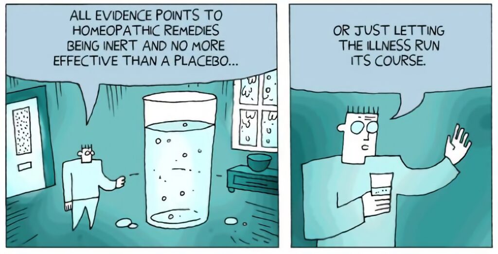 Dos viñetas del cómic sobre la homeopatía de Darryl Cunningham.