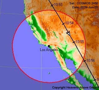 Paso del 'Cosmos 2450' sobre California en la mañana del 25 de junio, hora local. Foto: Heavens Above.