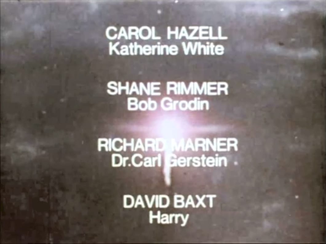 Créditos finales de 'Alternativa 3', con Shane Rimmer como Bob Grodin, entre otros.