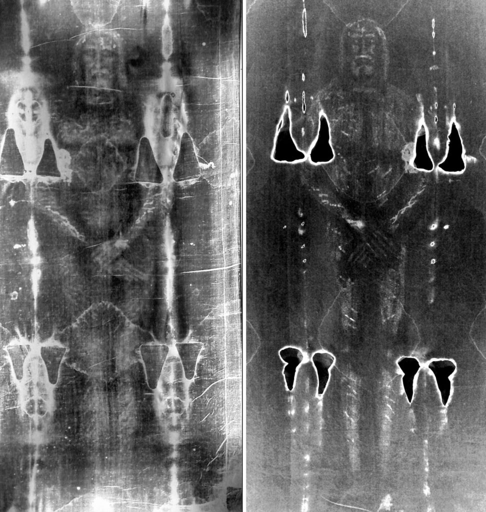 Vista frontal del hombre de la sábana santa, a la izquierda, y de la imagen obtenida por Luigi Garlaschelli. Fotos: Dominio público y Luigi Garlaschelli.