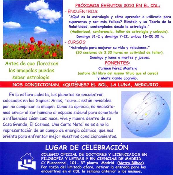 Publicidad del curso de astrología del colegio de Doctores y Licenciados en Filosofía y Letras y en Ciencias de la Comunidad de Madrid.