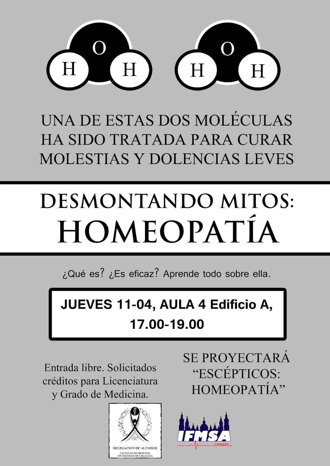 Cartel de la jornada 'Desmontando mitos: homeopatia', celebrada en la Universidad de Zaragoza.