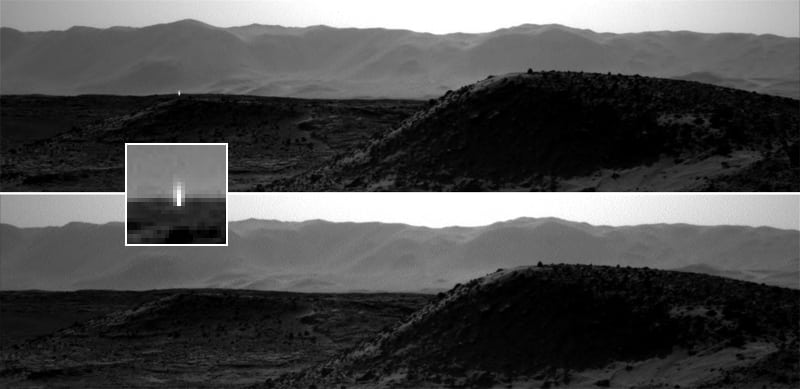 El destello captado por el ojo izquierdo de la NavCam de 'Curiosity' en la tarde marciana del 3 de abril. Detalle y la misma imagen tomada por el ojo derecho de la cámara. Fotos: NASA.