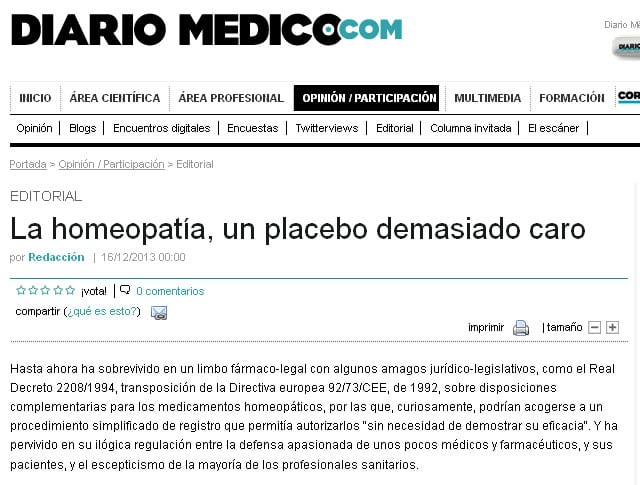 Inicio del editorial que 'Diario Médico' dedicado a la homeopatía.
