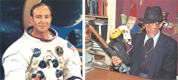 Edgar Mitchell, en su época de astronauta, y el cazafantasmas Tristanbraker.