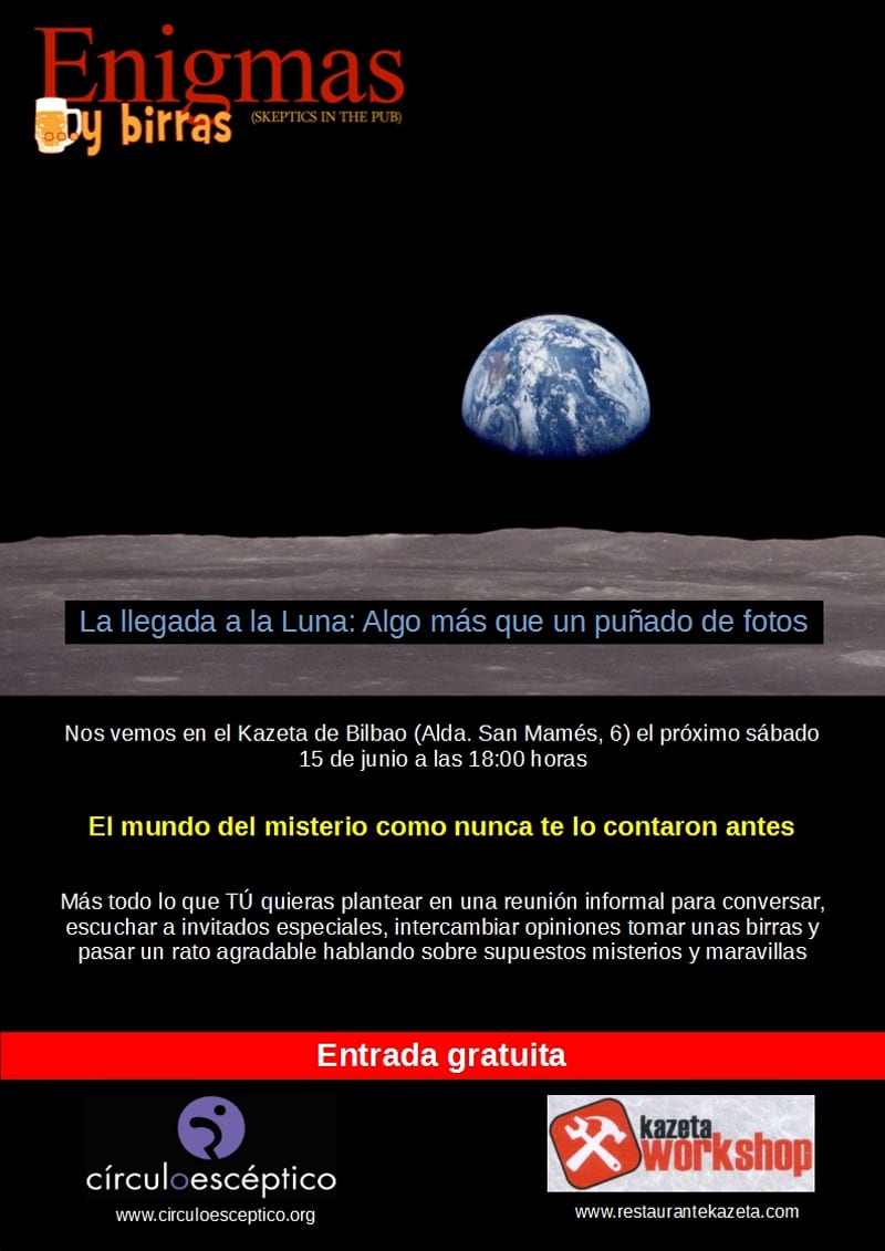 Cartel anunciador del vigesimocuarto ‘Enigmas y Birras’ de Bilbao, dedicado a las pruebas de la llegada a la Luna.