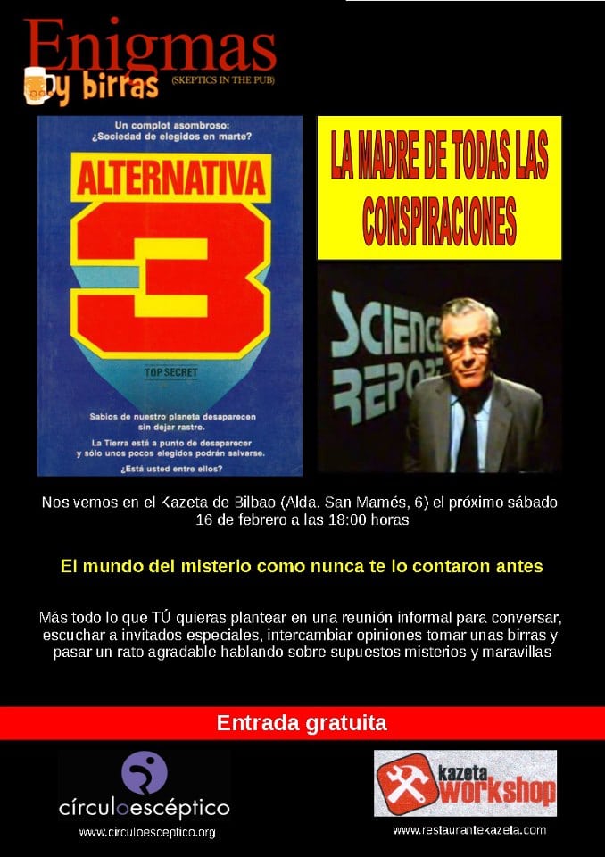 Cartel anunciador del vigésimo 'Enigmas y Birras' de Bilbao, dedicado a 'Alternativa 3'.