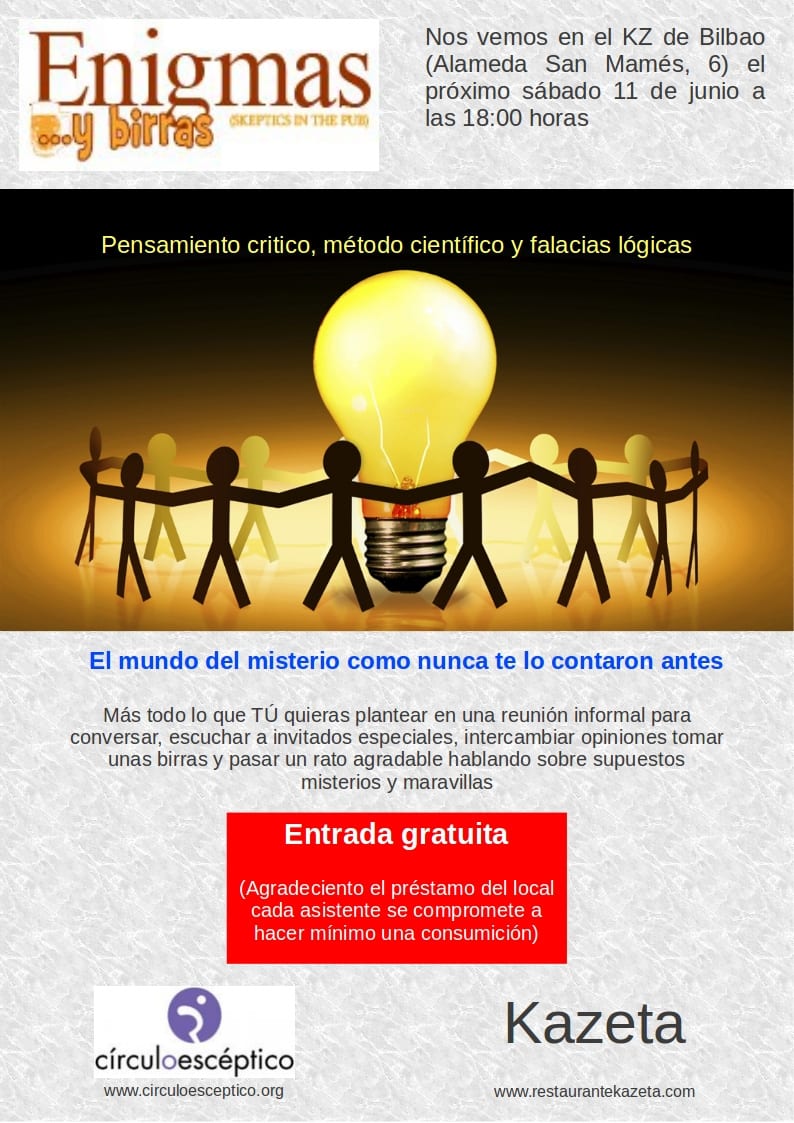 Cartel anunciador del segundo 'Enigmas y Birras' de Bilbao, dedicado a la desconfianza de la ciencia.
