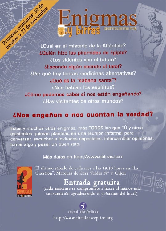Cartel del primer 'Enigmas y Birras' de Gijón, protagonizado por Mauricio-José Schwarz.