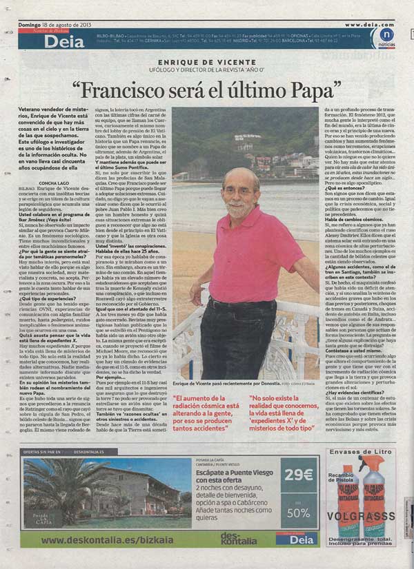 Entrevista a Enrique de Vicente en la última página del diario 'Deia'.