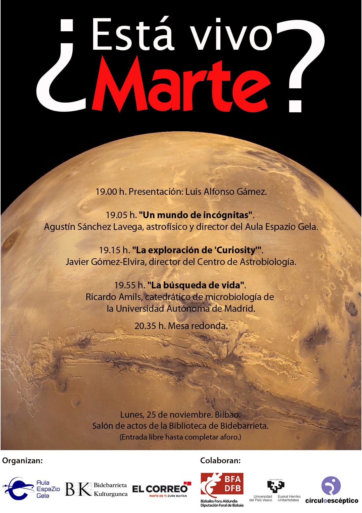 Cartel anunciador de la jornada '¿Está vivo Marte?', que se celebrará en Bilbao el 25 de noviembre.