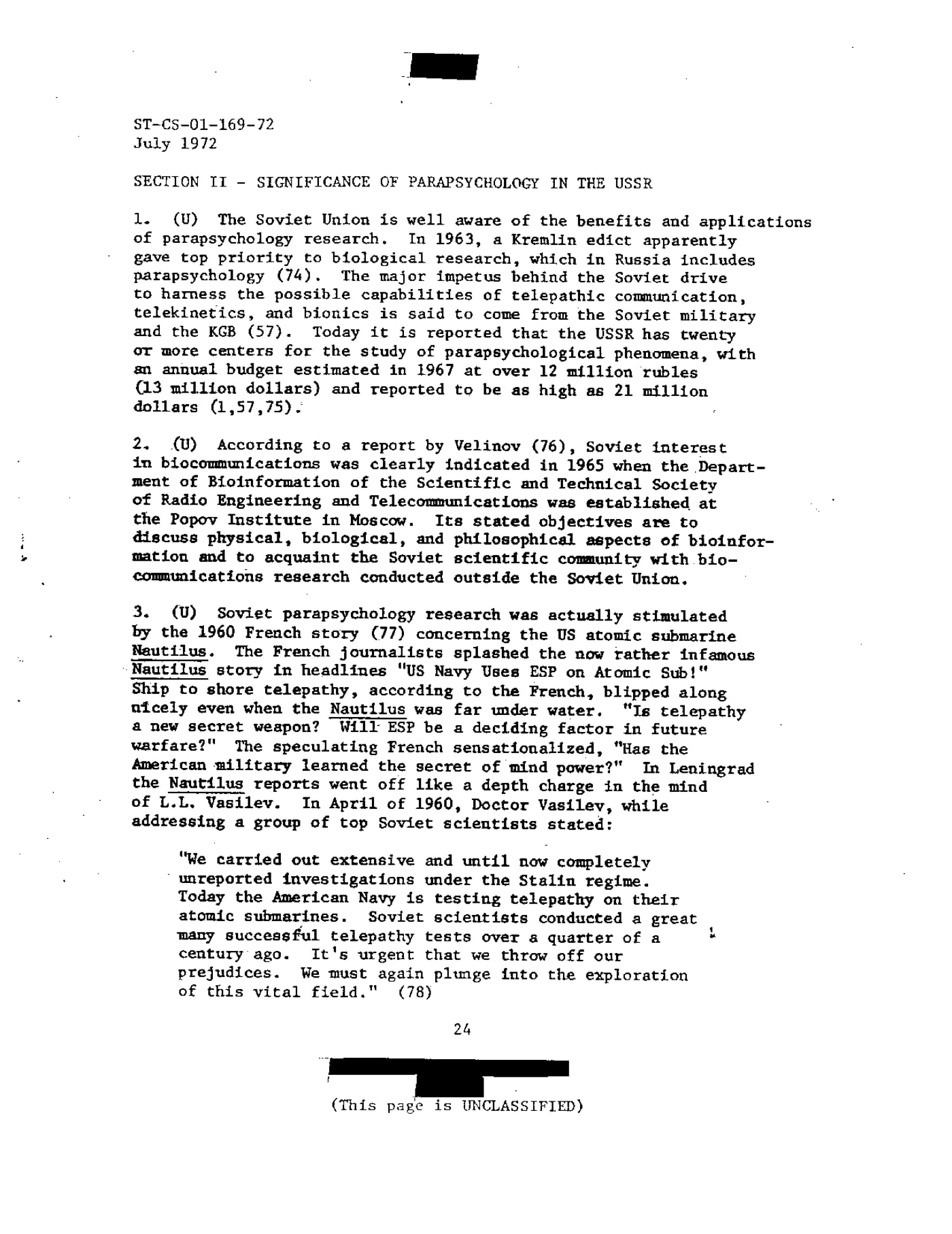 Informe de julio de 1972 de la Agencia de Inteligencia de la Defensa de EE UU sobre el experimento del 'Nautilus'.