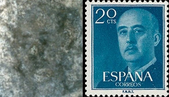 La cara de Bélmez de Franco, junto a un sello con el retrato del dictador.