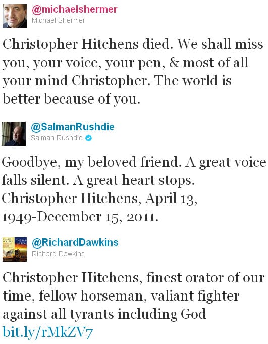 Tuits en los que Michael Shermer, Salman Rushdie y Richard Dawkins se despiden de su amigo Christopher Hitchens.