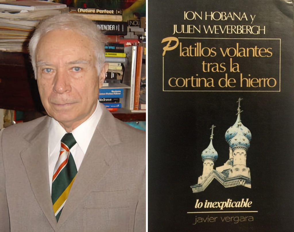 El escritor de ciencia ficción y ufólogo rumano Ion Hobana y la edición española de uno de sus libros sobre ovnis.